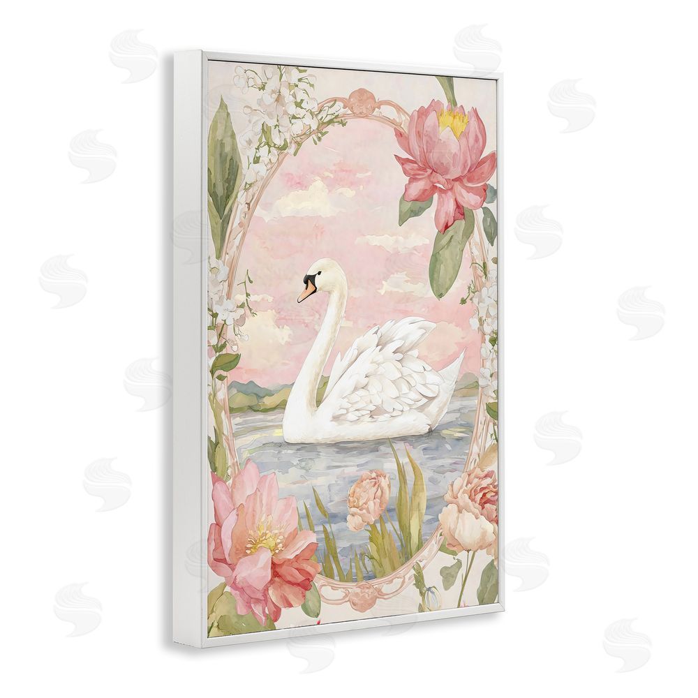 Creative Studio Floral Border Swan in Bloom White Framed Giclee Wall Art