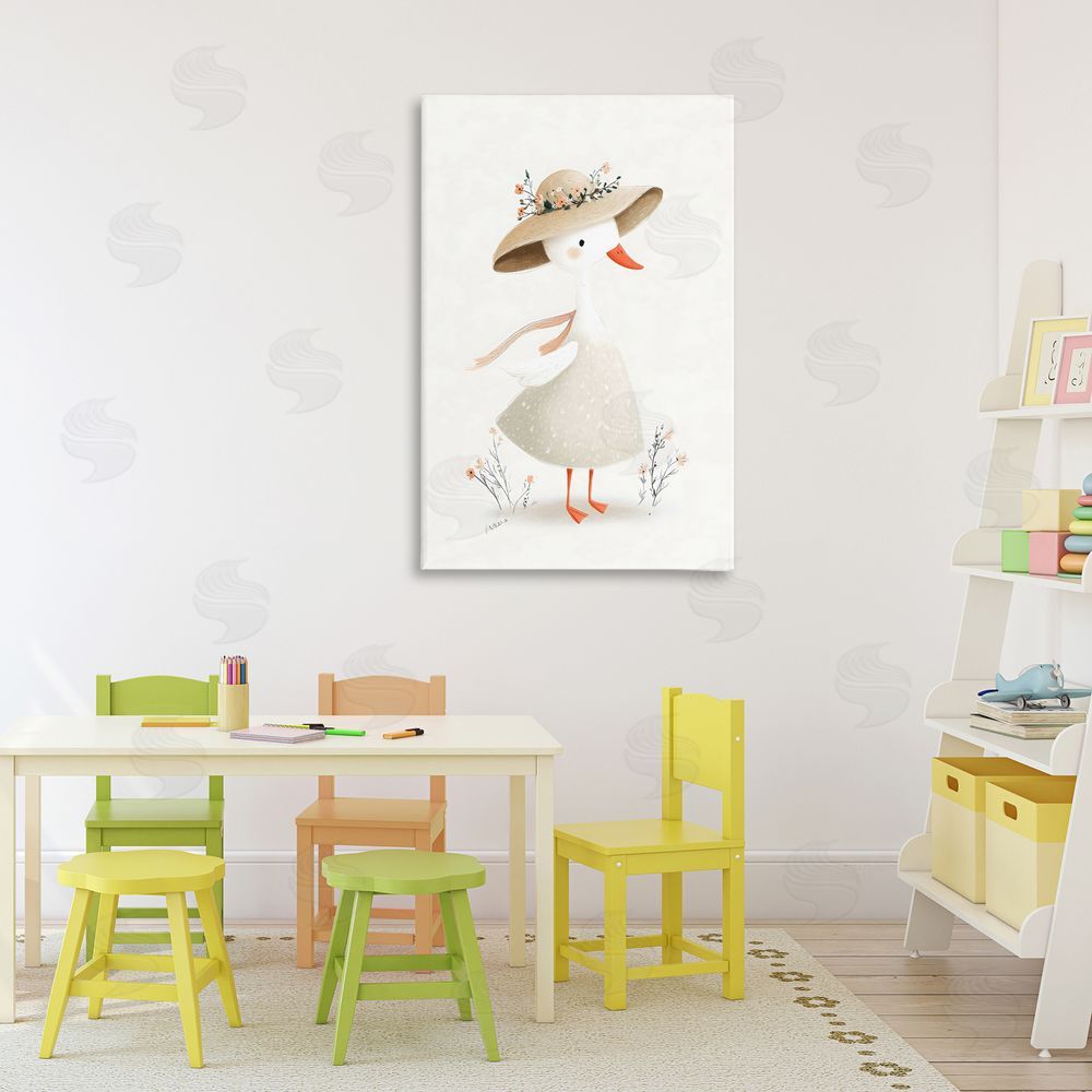 Ink Drop Loft Charming Goose in Sunhat Stretched Canvas Wall Art Print in Room