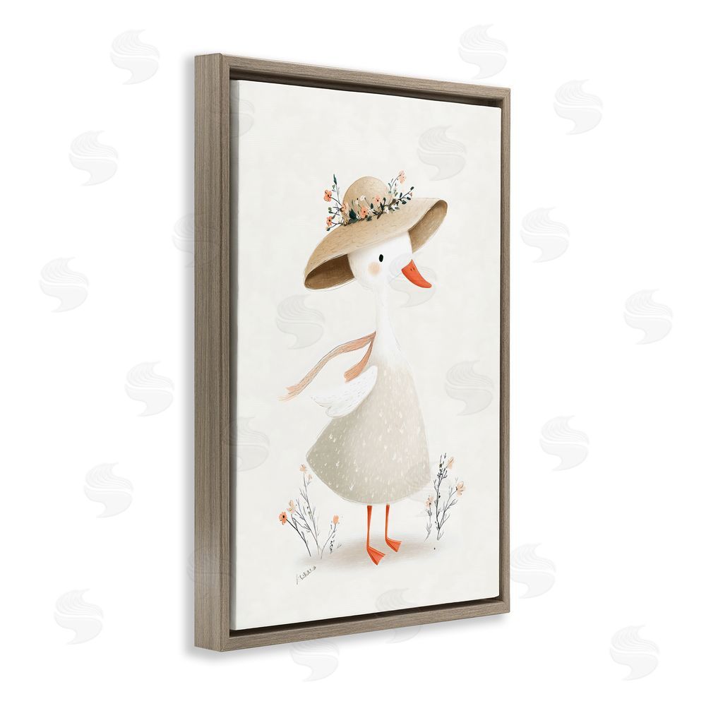 Ink Drop Loft Charming Goose in Sunhat Brown Floating Frame Stretched Canvas Wall Art Print