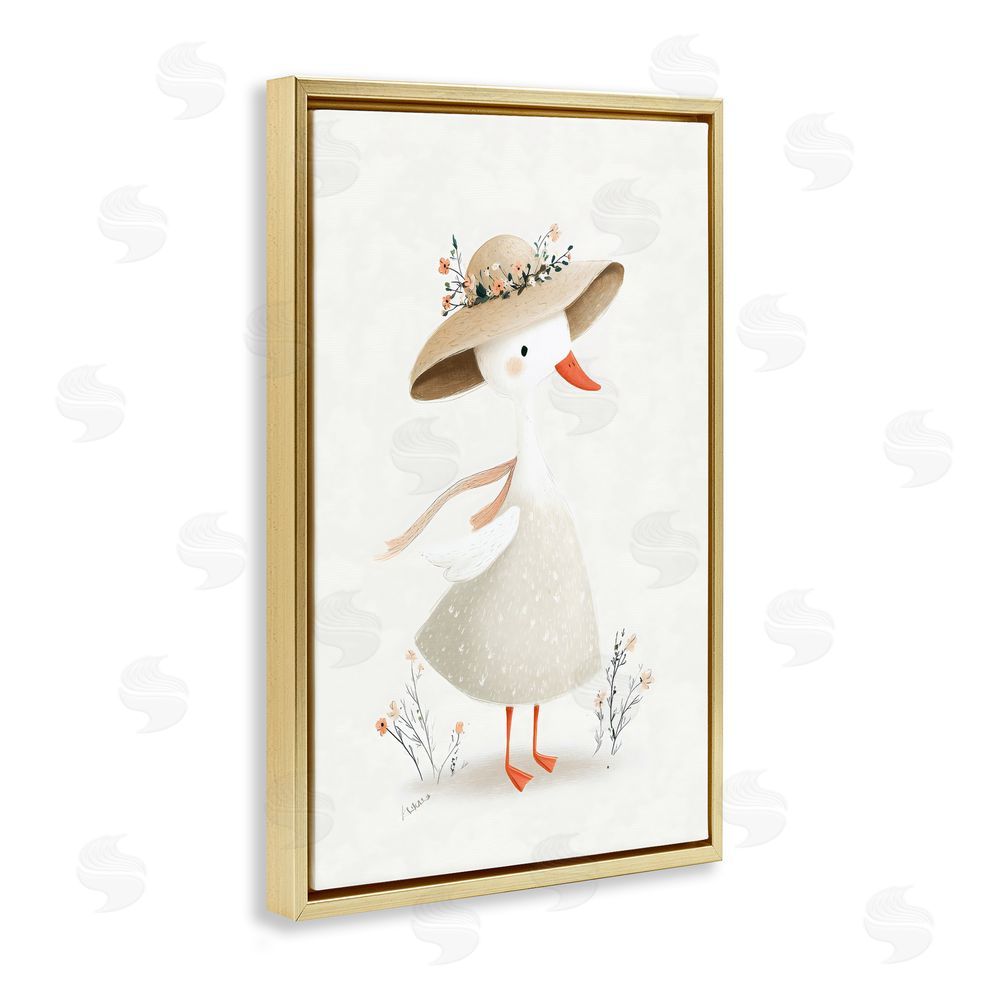Ink Drop Loft Charming Goose in Sunhat Gold Floating Frame Stretched Canvas Wall Art Print