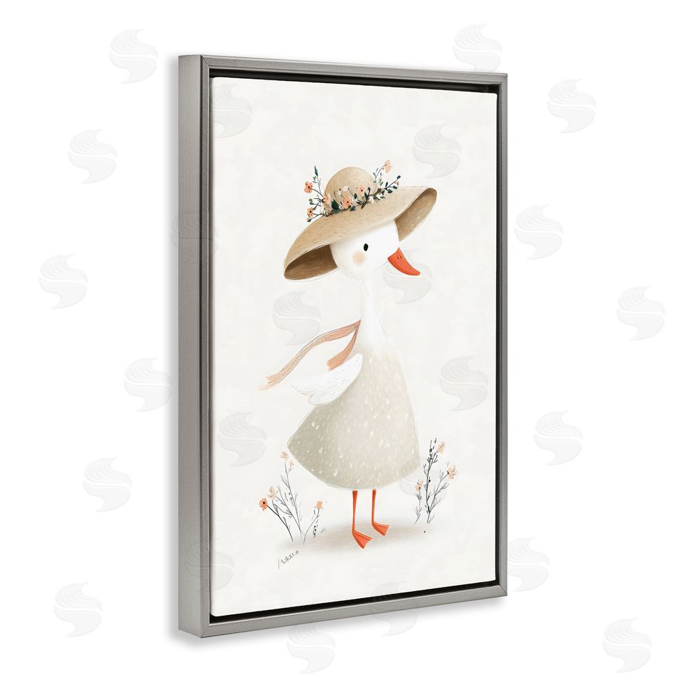 Ink Drop Loft Charming Goose in Sunhat Gray Floating Frame Stretched Canvas Wall Art Print