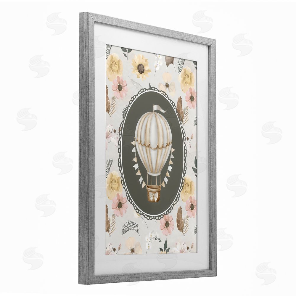Ink Drop Loft Sunnyside Balloon over Florals Gray Framed Print Under Glass with White Mat Wall Art