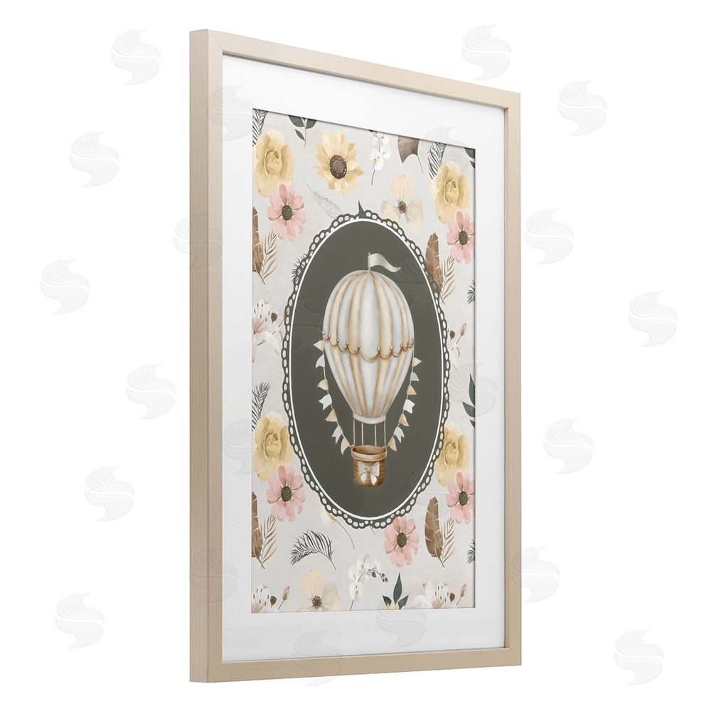 Ink Drop Loft Sunnyside Balloon over Florals Brown Framed Print Under Glass with White Mat Wall Art