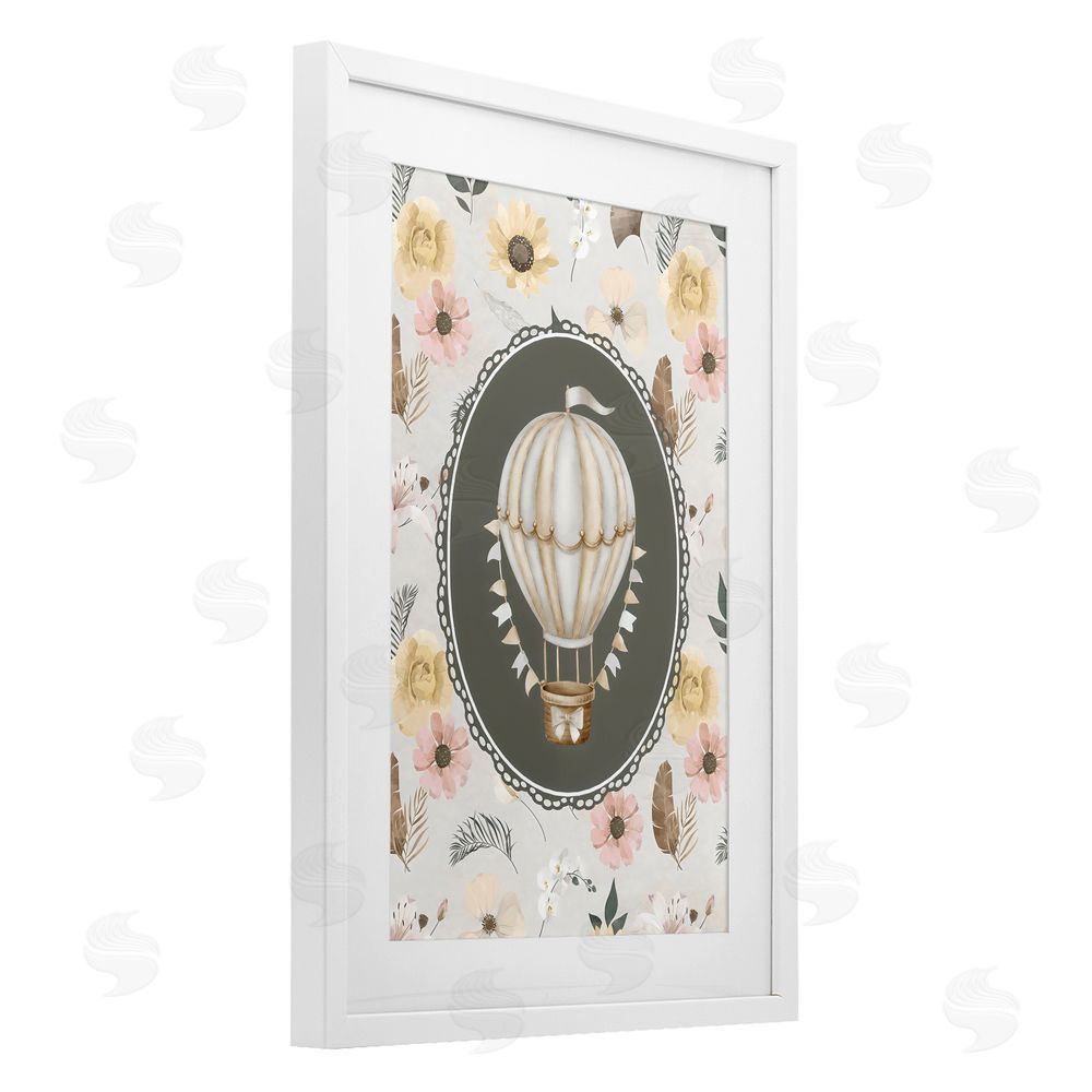 Ink Drop Loft Sunnyside Balloon over Florals White Framed Print Under Glass with White Mat Wall Art