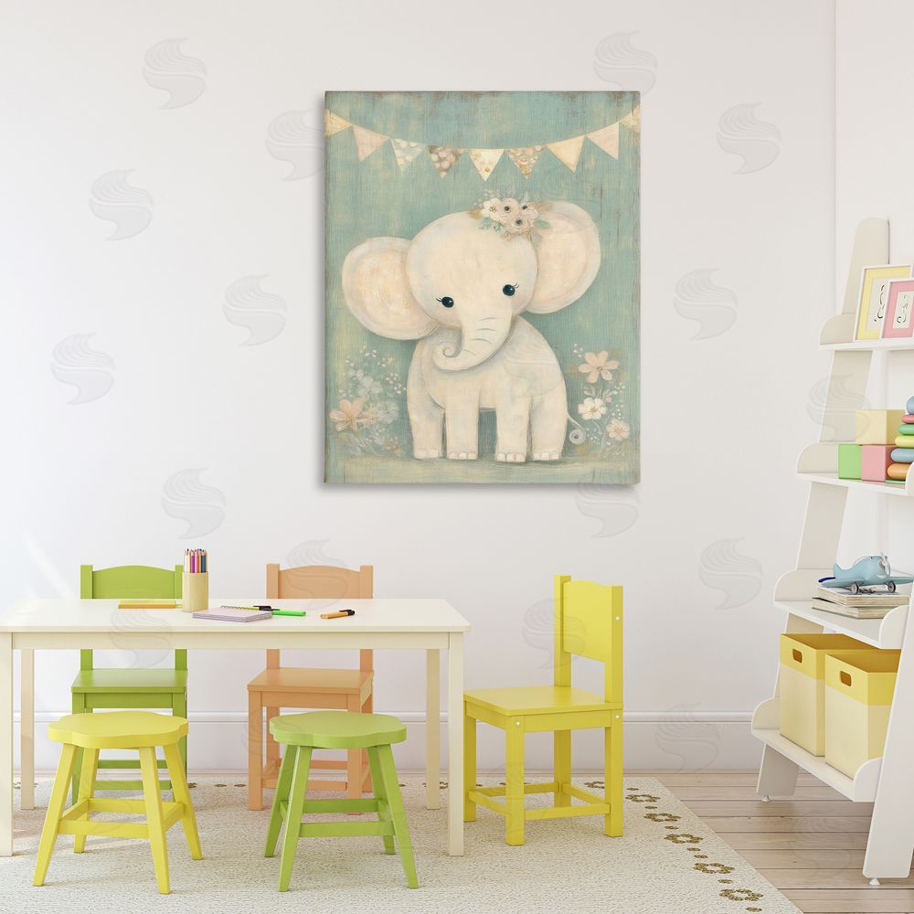 Ink Drop Loft Elephant with Overhead Banner Stretched Canvas Wall Art in Room