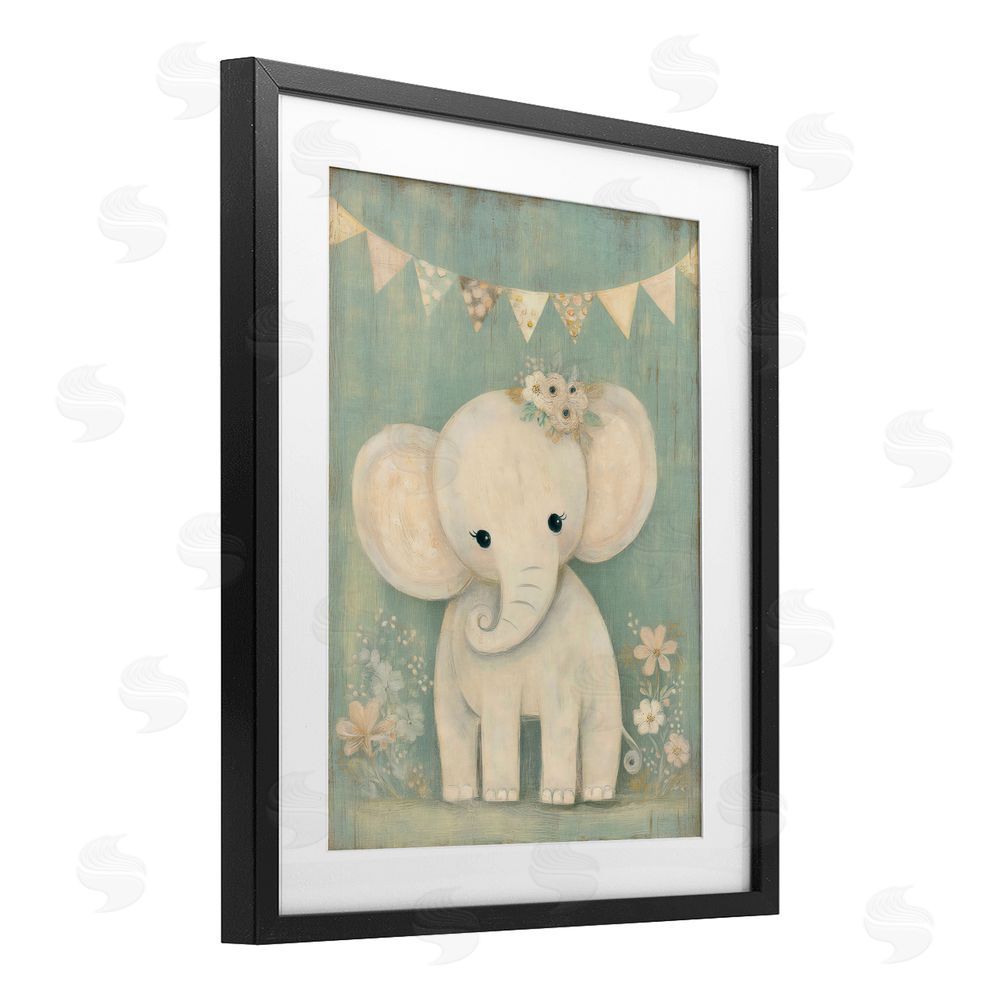 Ink Drop Loft Elephant with Overhead Banner Black Framed Print Under Glass Wall Art