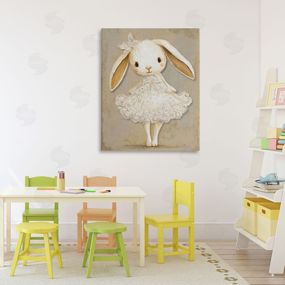 Ink Drop Loft Ballerina Bunny in Lace Dress Stretched Canvas Wall Art Print in Room