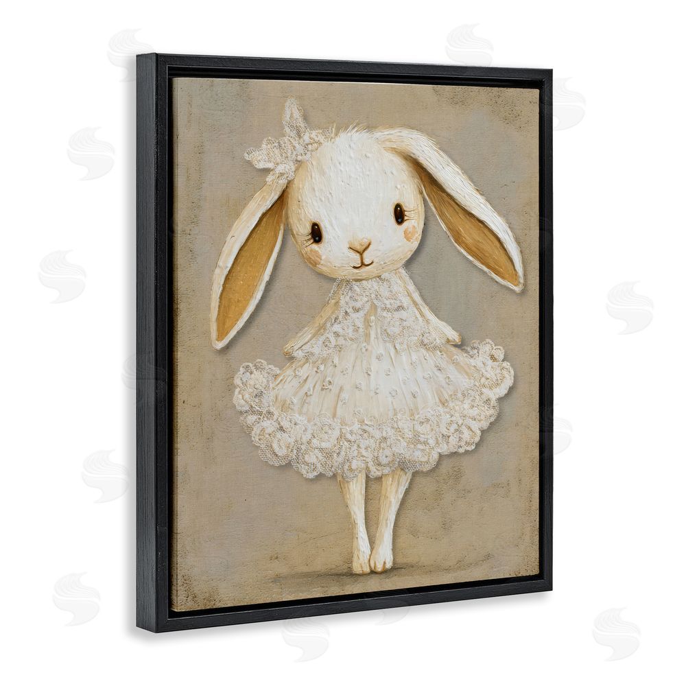 Ink Drop Loft Ballerina Bunny in Lace Dress Black Floating Frame Stretched Canvas Wall Art Print