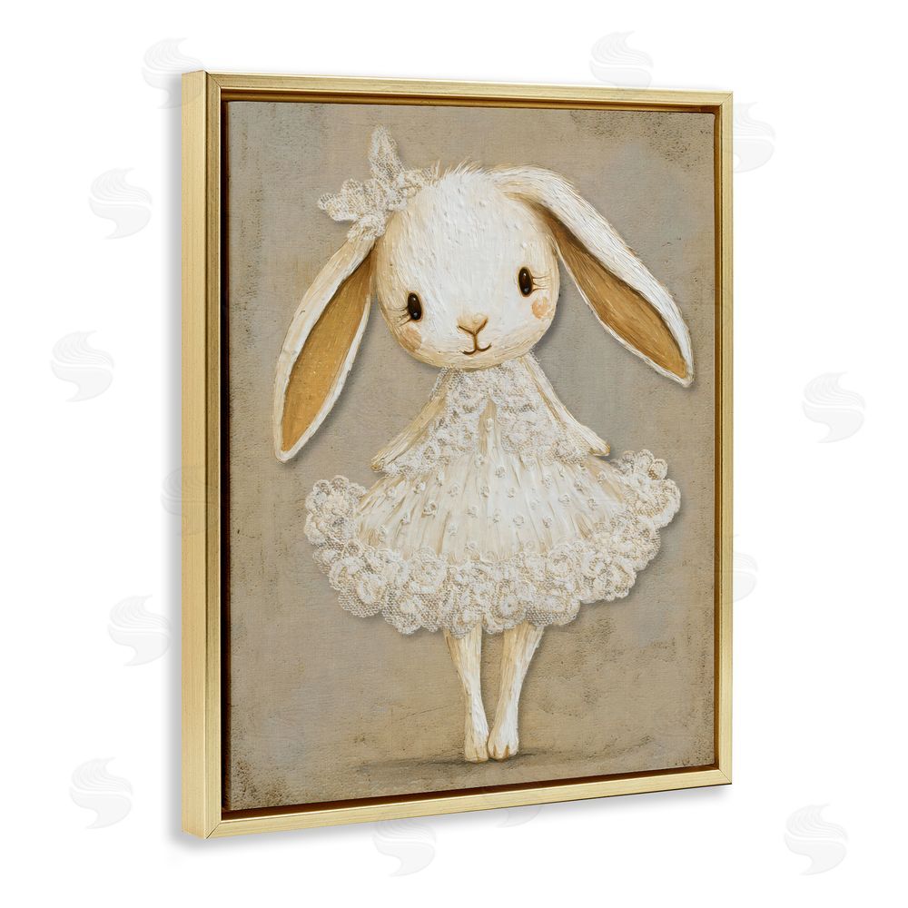 Ink Drop Loft Ballerina Bunny in Lace Dress Gold Floating Frame Stretched Canvas Wall Art Print