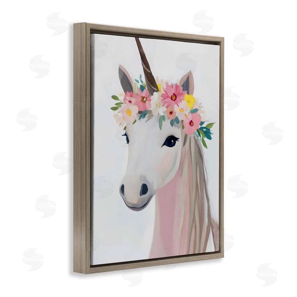 The Prints Vibe Flower Crown Unicorn Brown Floating Framed Canvas Wall Art