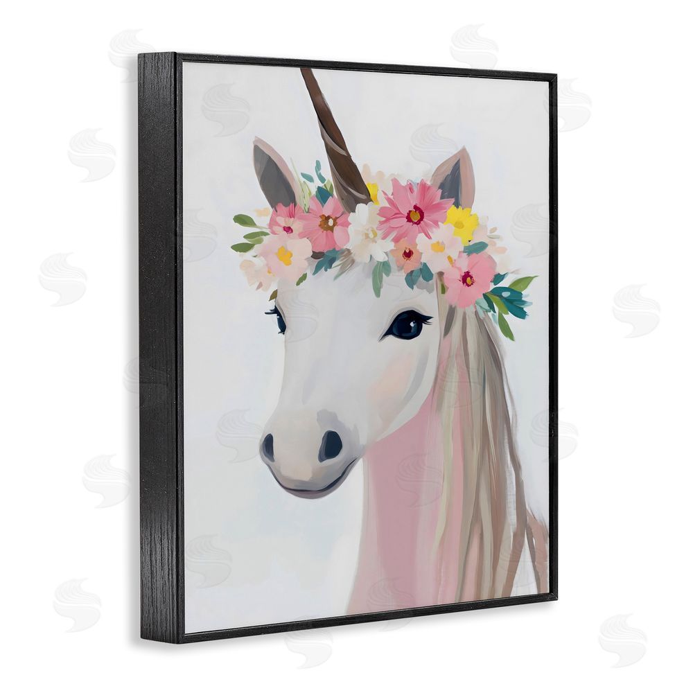 The Prints Vibe Flower Crown Unicorn Black Framed Giclee Wall Art