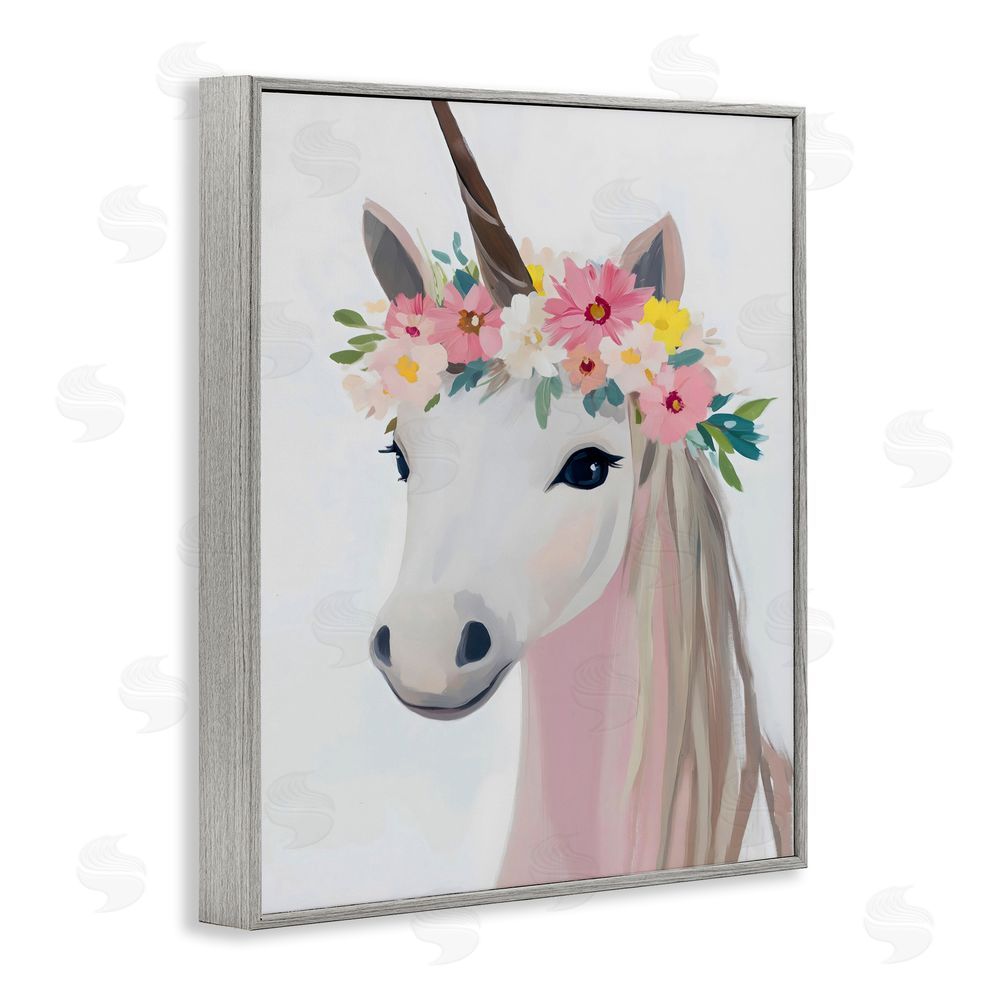 The Prints Vibe Flower Crown Unicorn Gray Framed Giclee Wall Art
