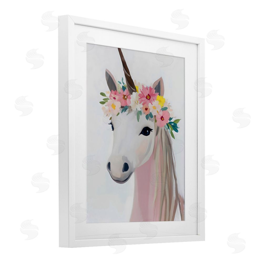 The Prints Vibe Flower Crown Unicorn White Framed Print Under Glass Wall Art