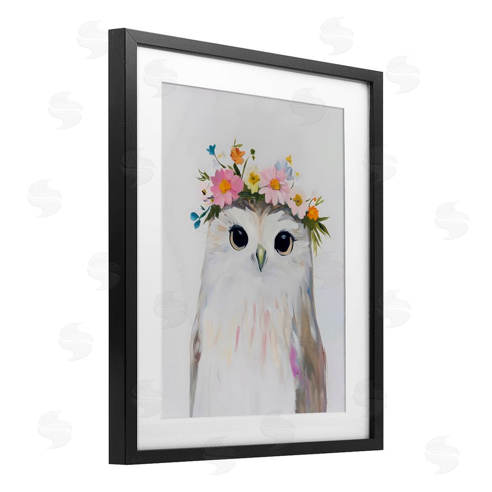 The Prints Vibe Flower Crown Owl Black Framed Print Under Glass Wall Art