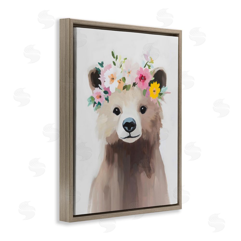 The Prints Vibe Flower Crown Bear Brown Floating Framed Canvas Wall Art