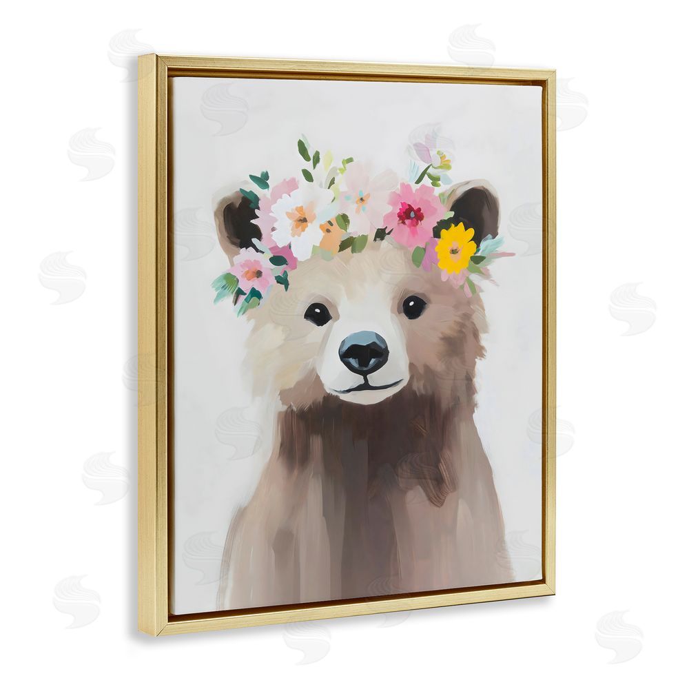 The Prints Vibe Flower Crown Bear Gold Floating Framed Canvas Wall Art