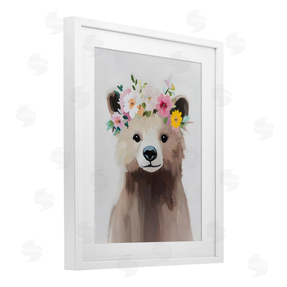 The Prints Vibe Flower Crown Bear White Framed Print Under Glass Wall Art