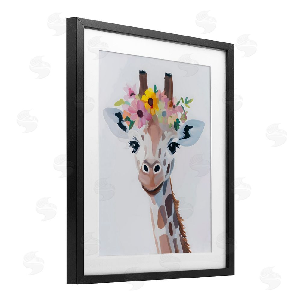 The Prints Vibe Flower Crown Giraffe Black Framed Print Under Glass Wall Art