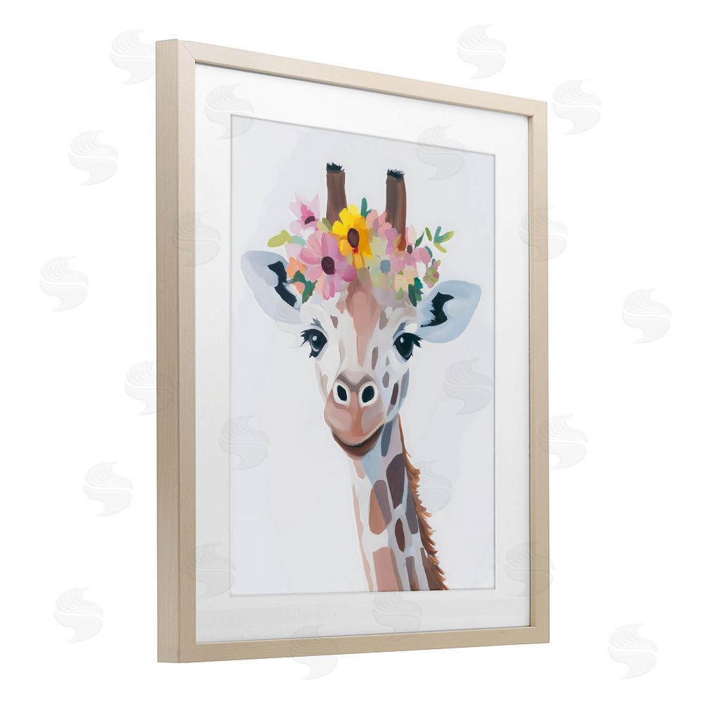 The Prints Vibe Flower Crown Giraffe Brown Framed Print Under Glass Wall Art