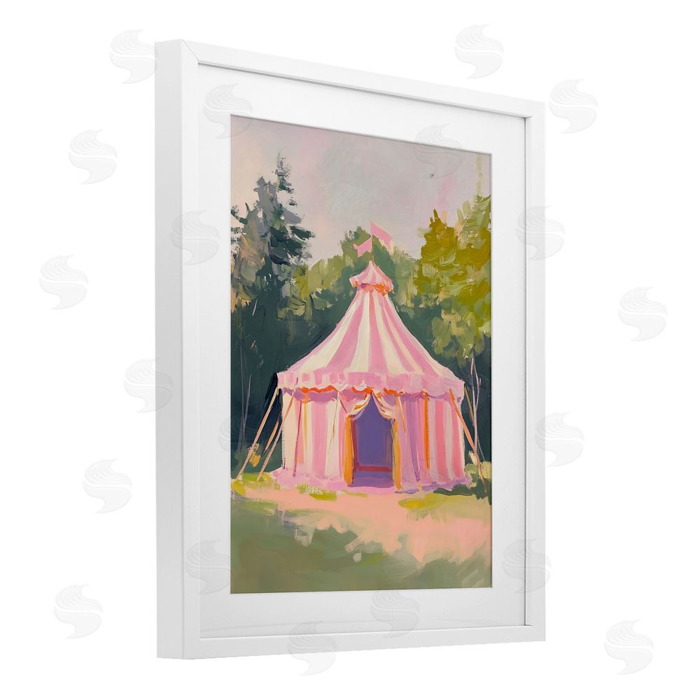 The Prints Vibe Pink Circus Tent in Meadow White Framed Print Under Glass Wall Art