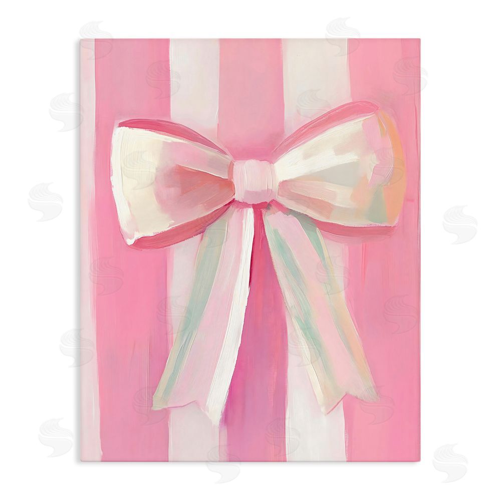 The Prints Vibe Preppy Pink Bow on Stripes Stretched Canvas Wall Art