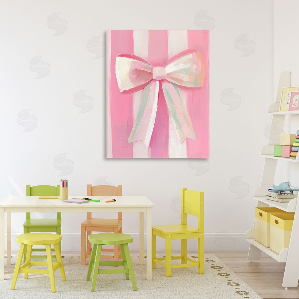 The Prints Vibe Preppy Pink Bow on Stripes Stretched Canvas Wall Art in Room