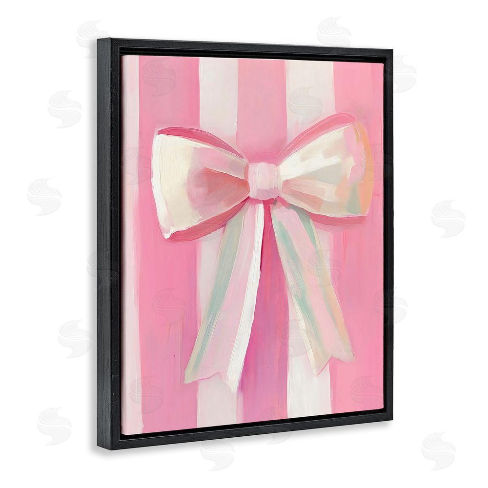 The Prints Vibe Preppy Pink Bow on Stripes Black Floating Framed Canvas Wall Art