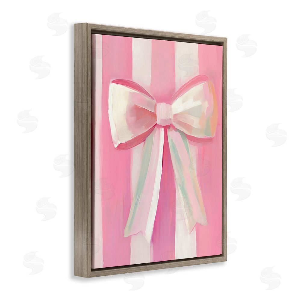 The Prints Vibe Preppy Pink Bow on Stripes Brown Floating Framed Canvas Wall Art
