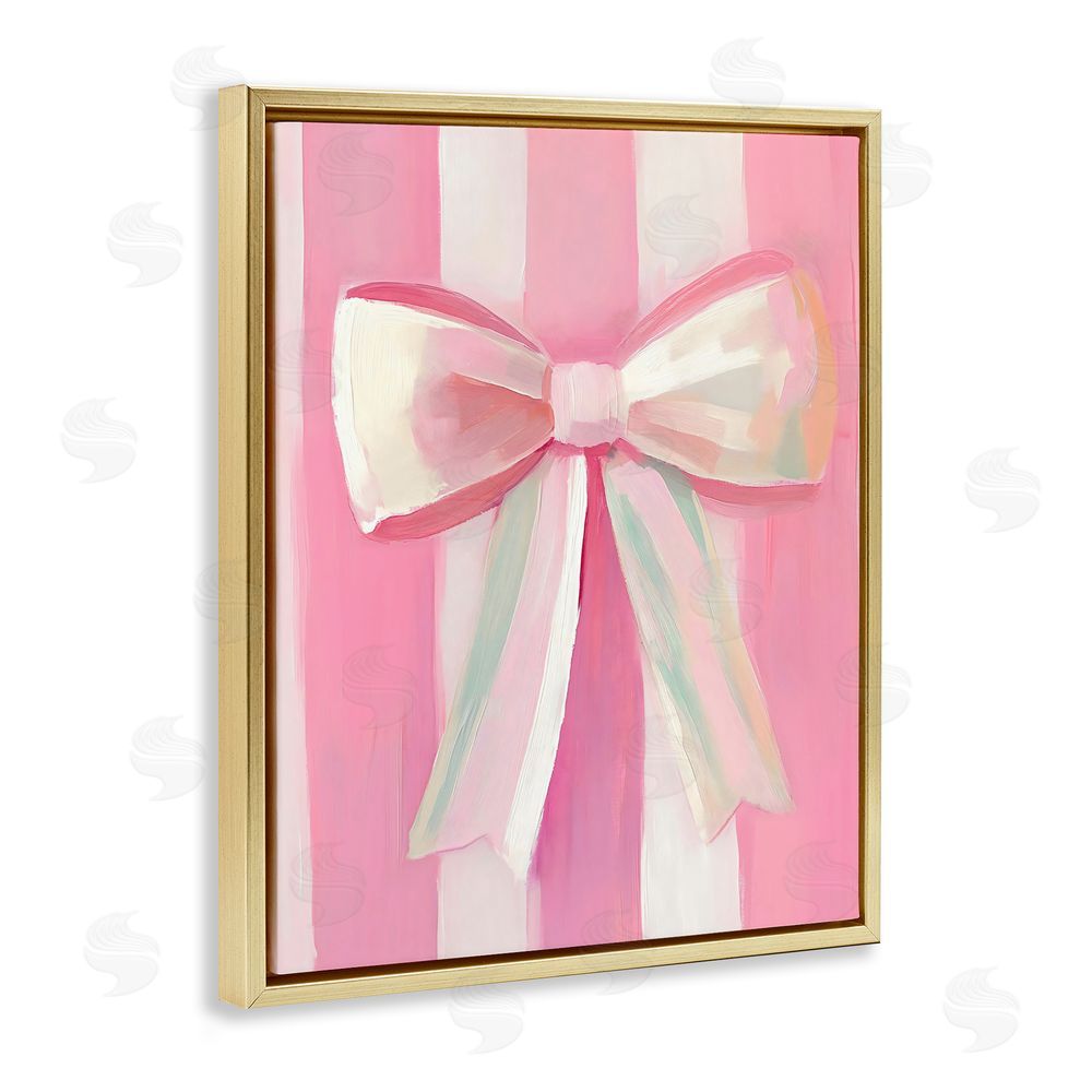 The Prints Vibe Preppy Pink Bow on Stripes Gold Floating Framed Canvas Wall Art