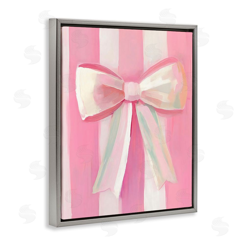 The Prints Vibe Preppy Pink Bow on Stripes Gray Floating Framed Canvas Wall Art