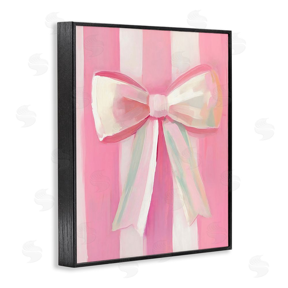 The Prints Vibe Preppy Pink Bow on Stripes Black Framed Giclee Wall Art