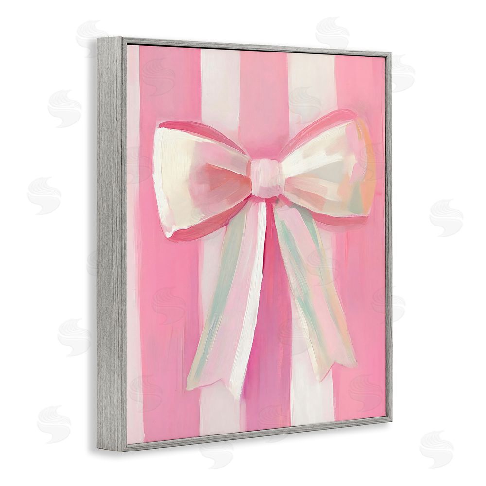 The Prints Vibe Preppy Pink Bow on Stripes Gray Framed Giclee Wall Art