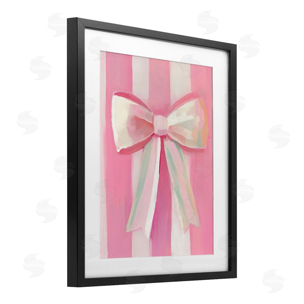 The Prints Vibe Preppy Pink Bow on Stripes Black Framed Print Under Glass Wall Art