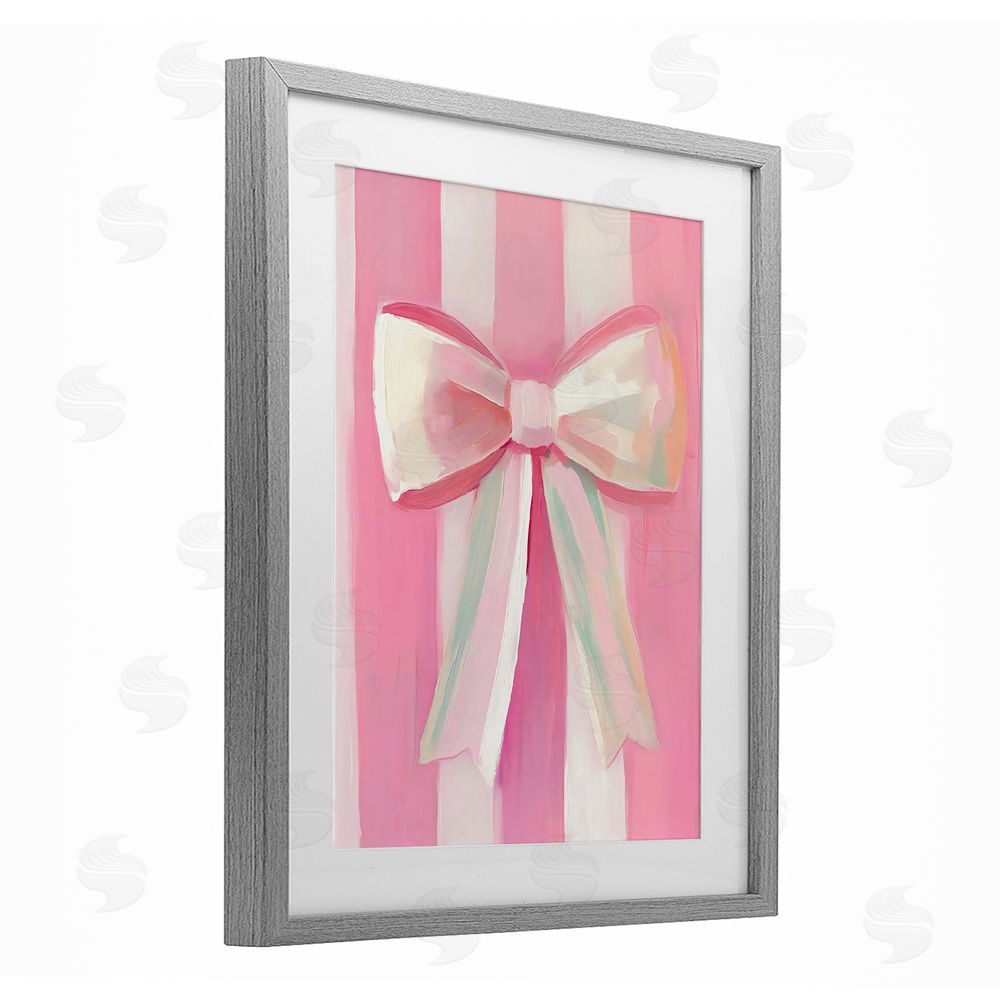 The Prints Vibe Preppy Pink Bow on Stripes Gray Framed Print Under Glass Wall Art