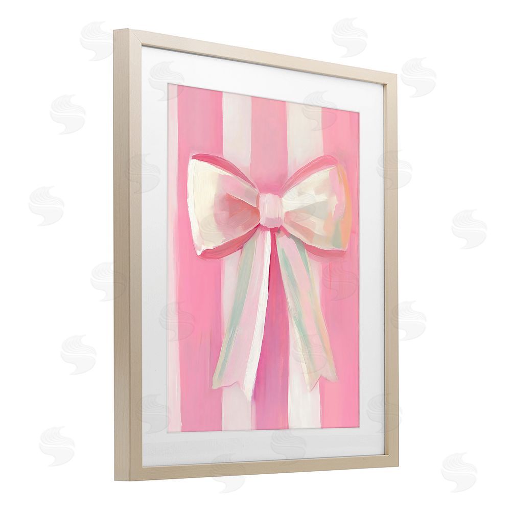 The Prints Vibe Preppy Pink Bow on Stripes Brown Framed Print Under Glass Wall Art