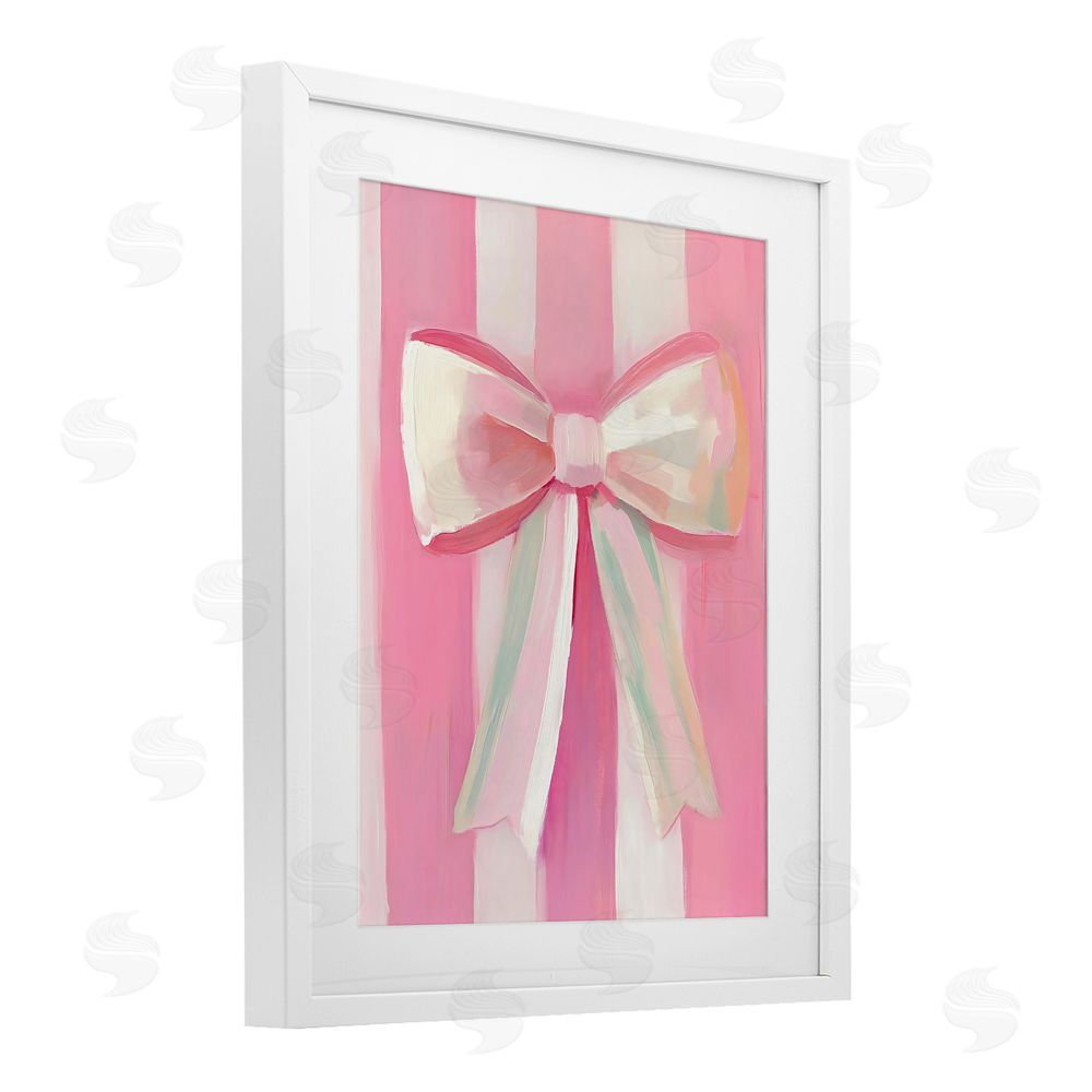 The Prints Vibe Preppy Pink Bow on Stripes White Framed Print Under Glass Wall Art