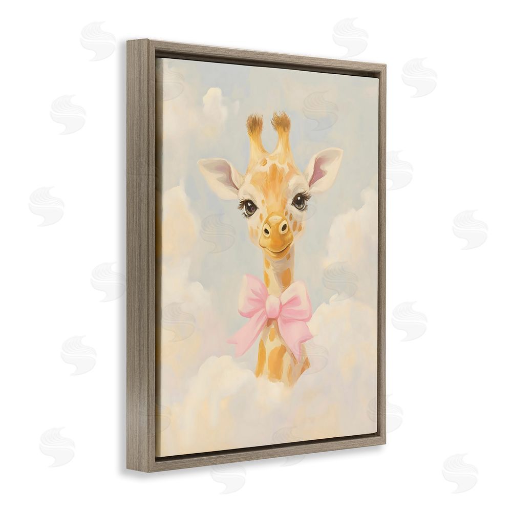 The Prints Vibe Charming Giraffe In The Clouds Brown Floating Frame Stretched Canvas Wall Art Print