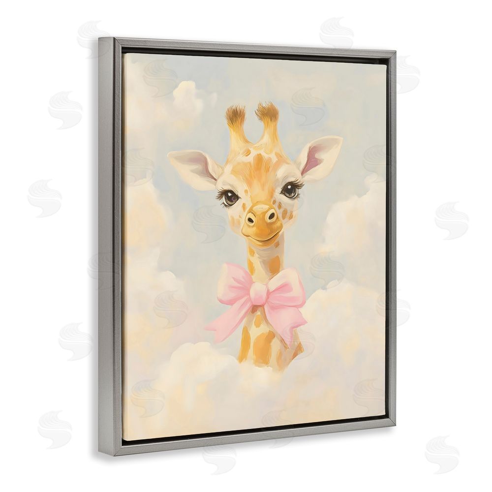 The Prints Vibe Charming Giraffe In The Clouds Gray Floating Frame Stretched Canvas Wall Art Print