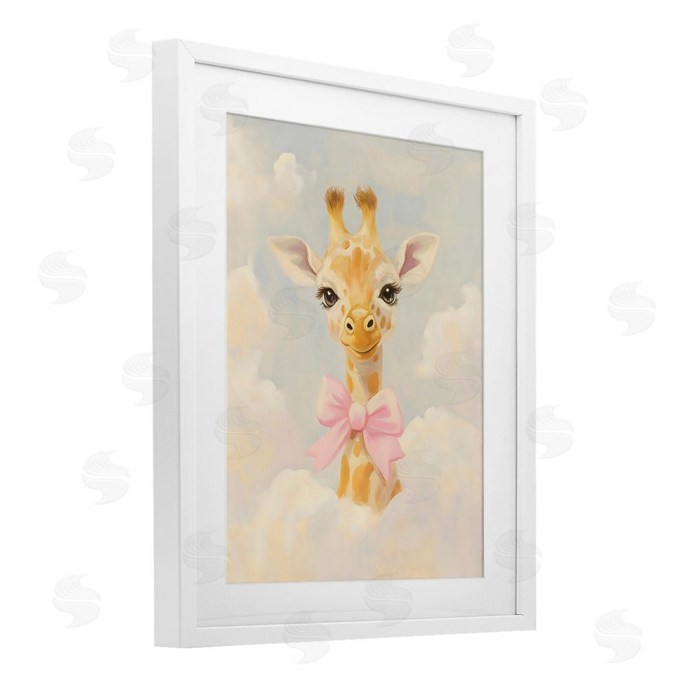 The Prints Vibe Charming Giraffe In The Clouds White Framed Print Under Glass with Matting Wall Art