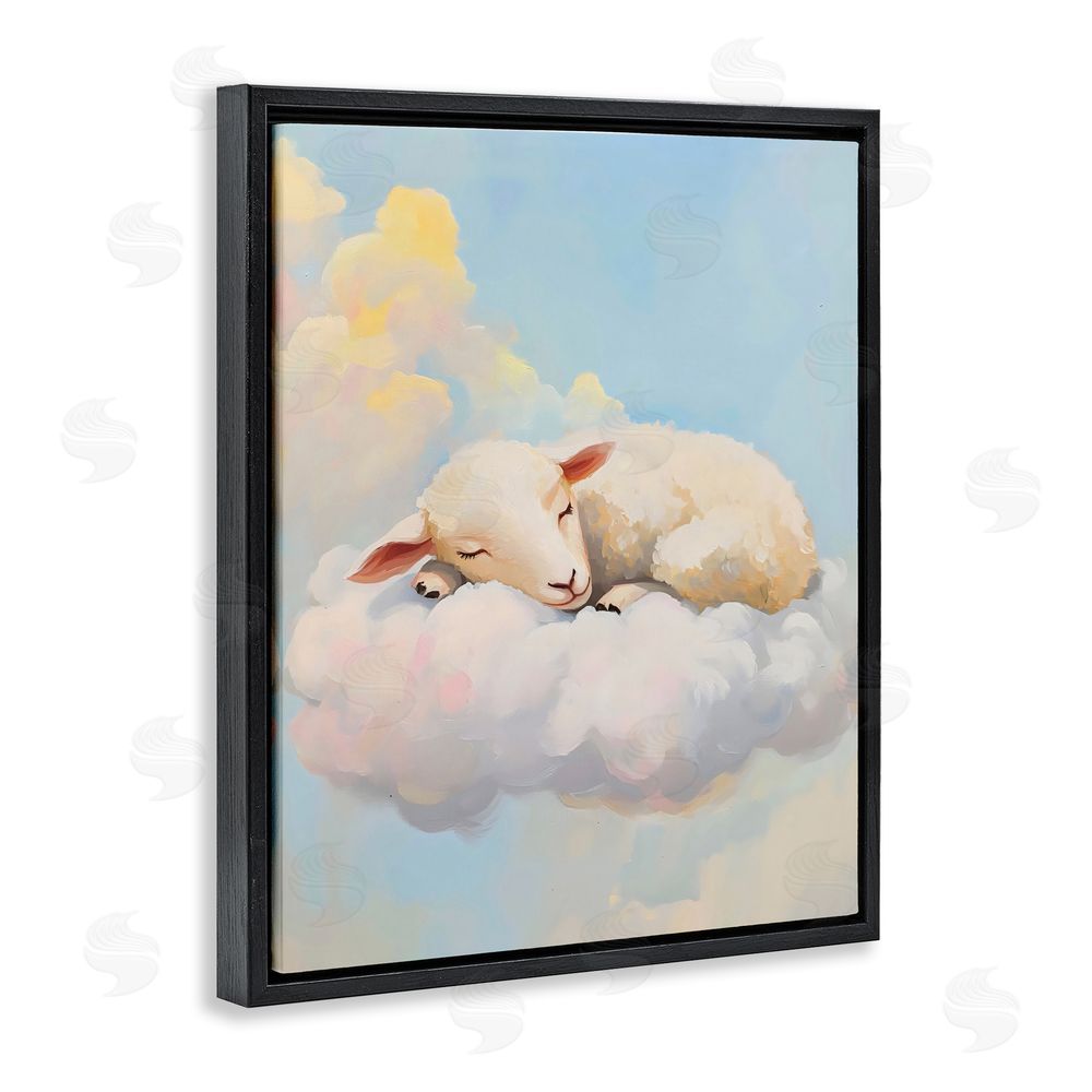 The Prints Vibe Sleeping Sheep on a Cloud Black Floating Framed Canvas Wall Art Print