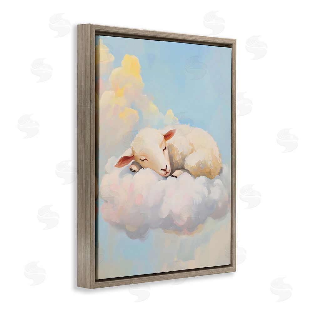 The Prints Vibe Sleeping Sheep on a Cloud Brown Floating Framed Canvas Wall Art Print