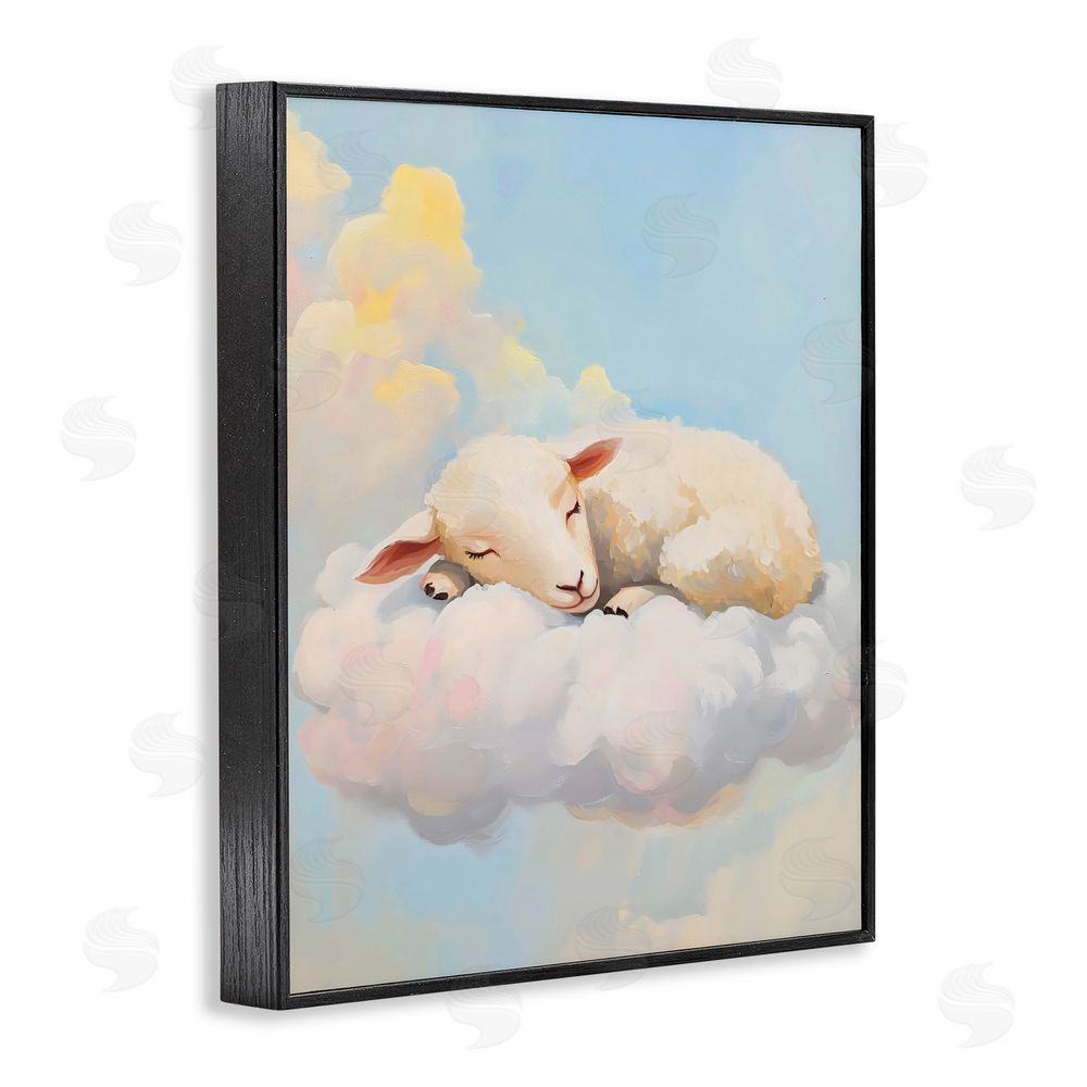 The Prints Vibe Sleeping Sheep on a Cloud Black Framed Giclee Wall Art Print