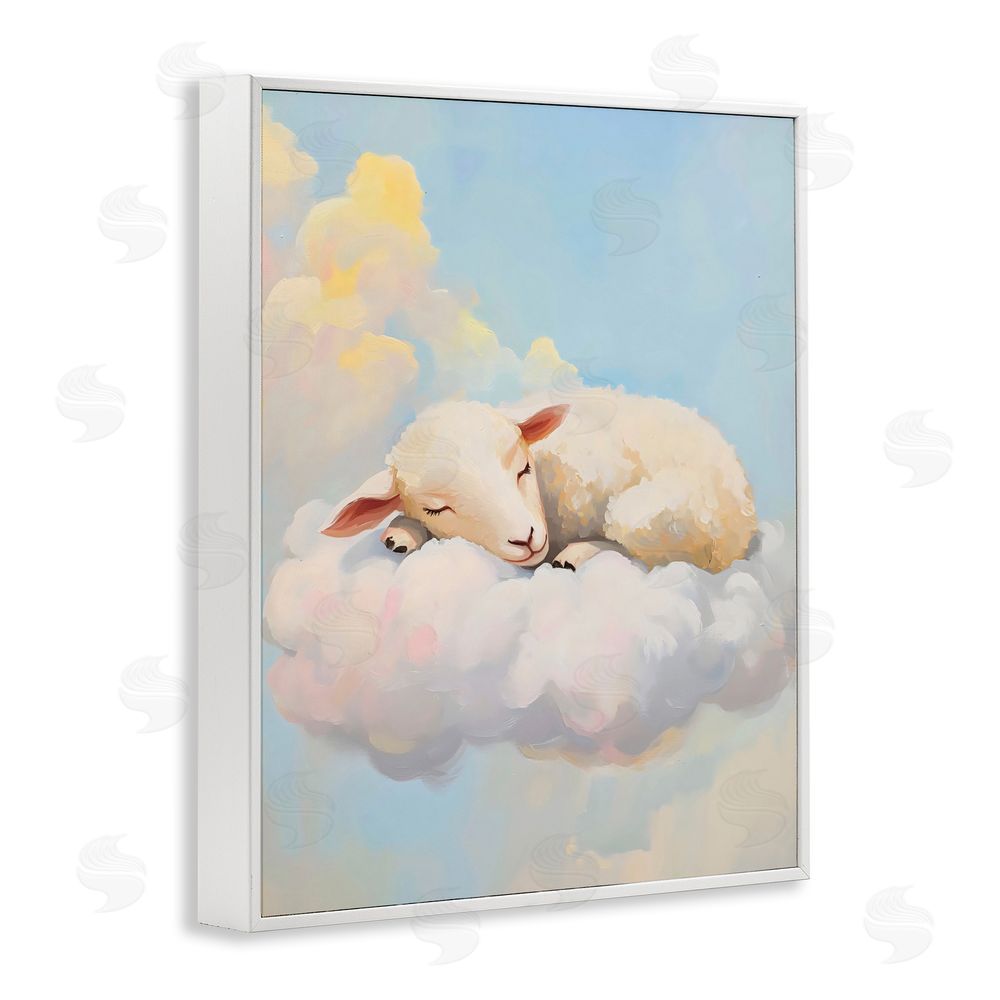 The Prints Vibe Sleeping Sheep on a Cloud White Framed Giclee Wall Art Print