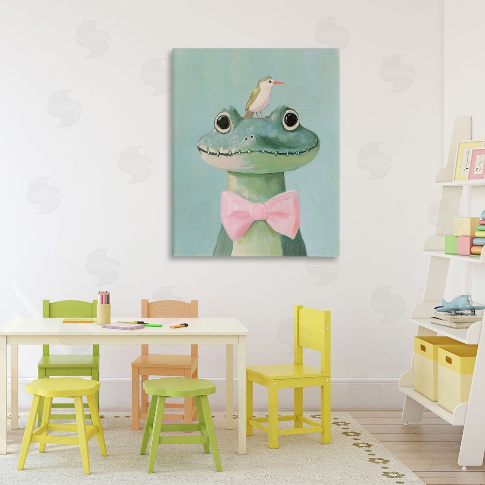 The Prints Vibe Crocodile & Bird with Bowtie Stretched Canvas Wall Art in Room