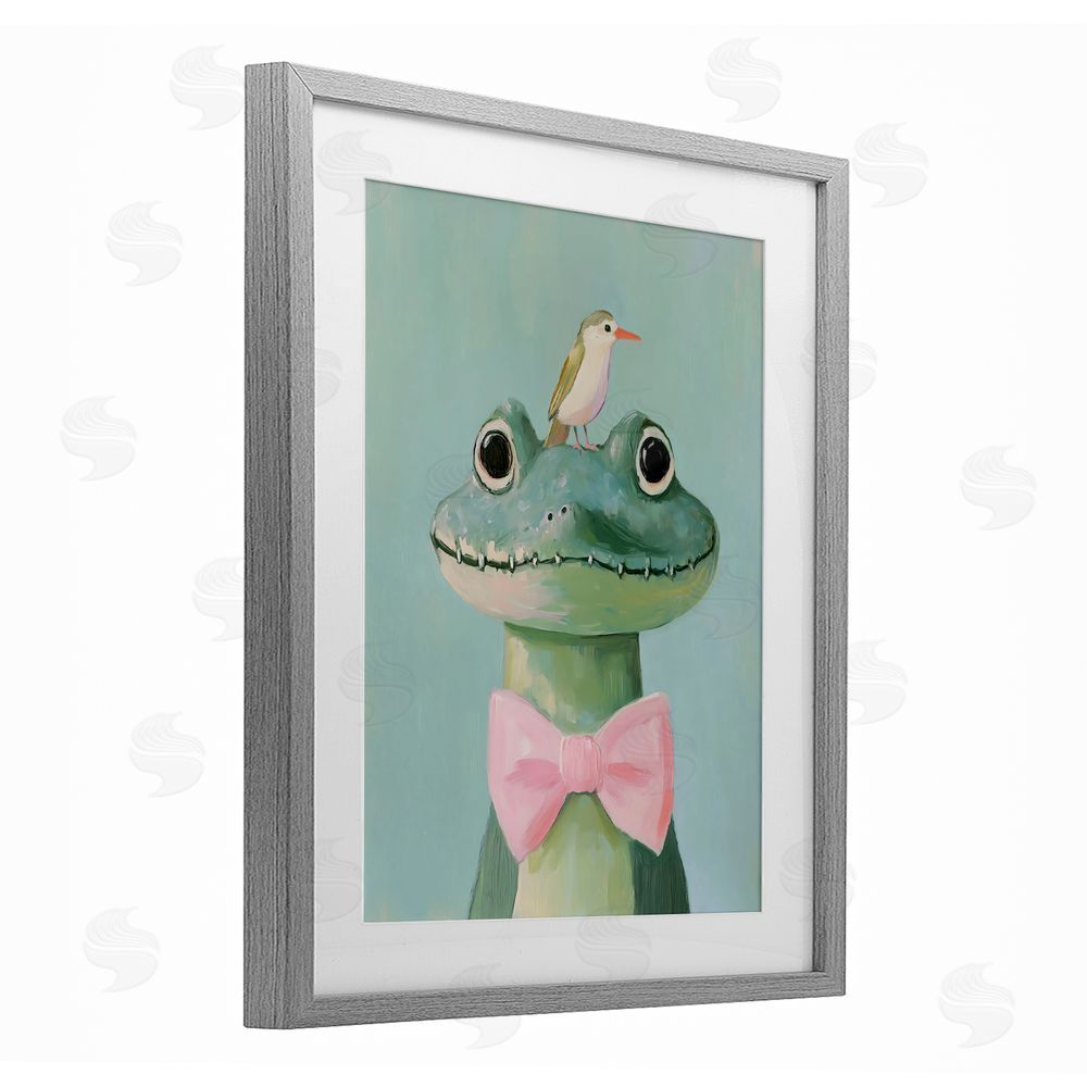 The Prints Vibe Crocodile & Bird with Bowtie Gray Framed Print Under Glass Wall Art