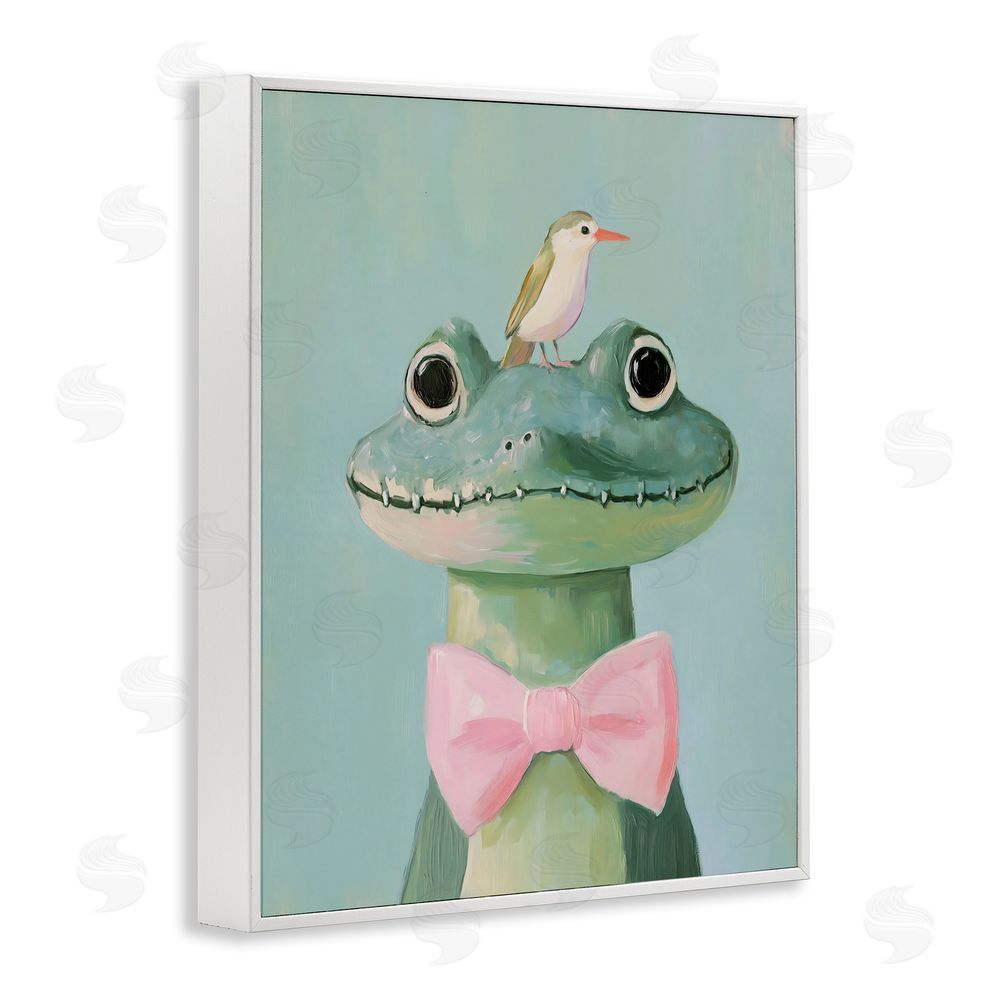 The Prints Vibe Crocodile & Bird with Bowtie White Framed Giclee Wall Art Print