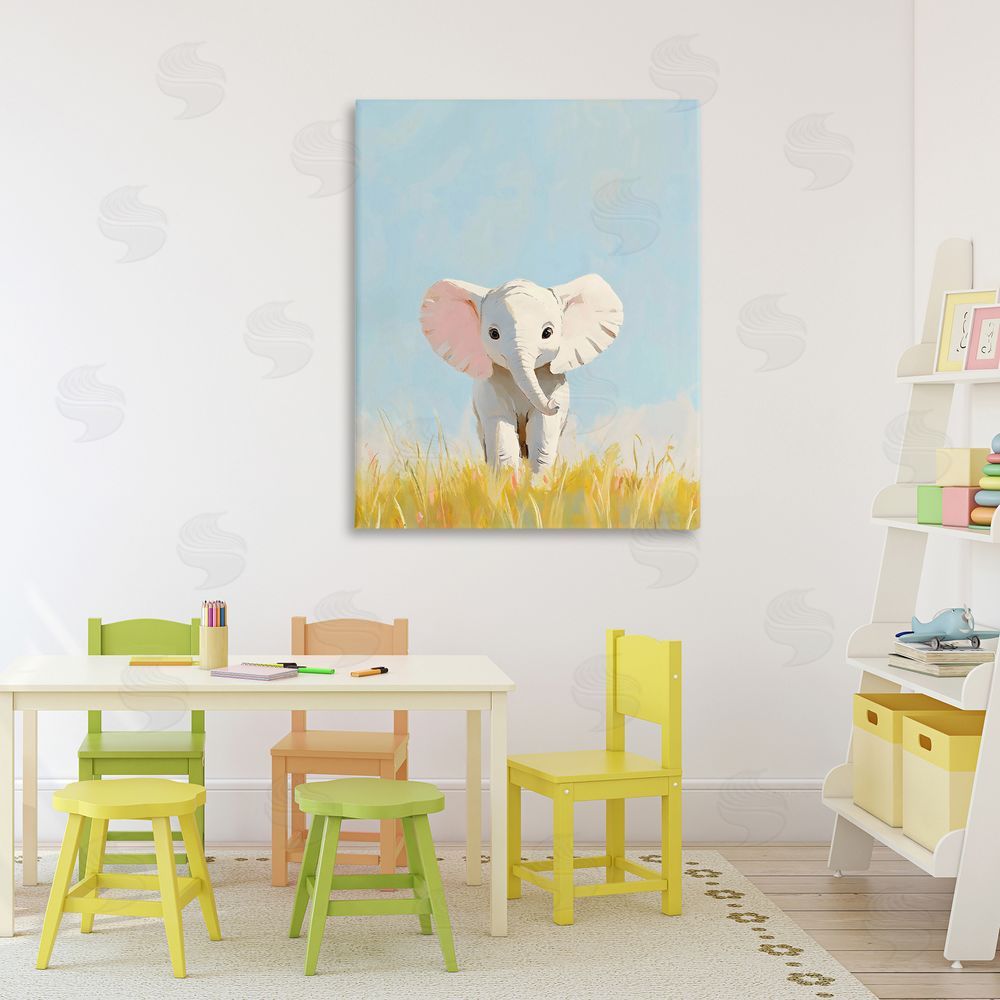 The Prints Vibe White Baby Elephant in Grass Stretched Canvas on Wall