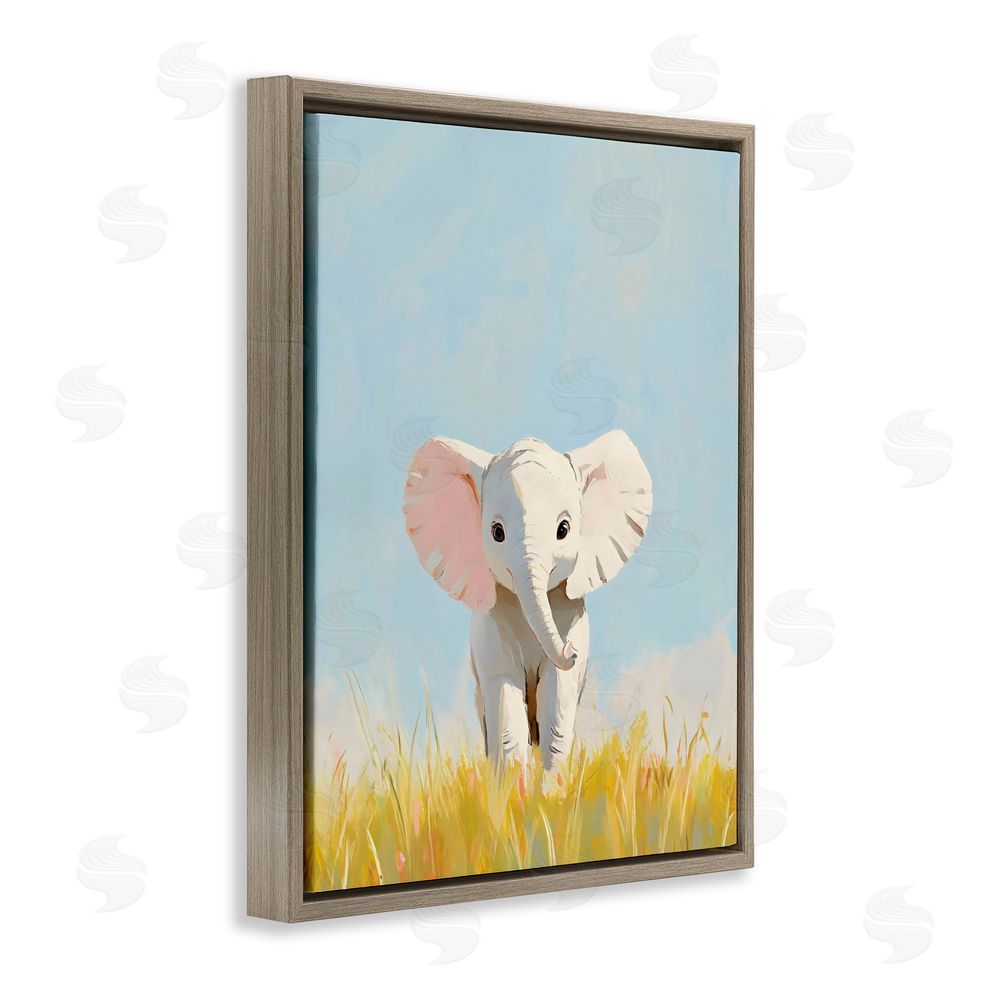 The Prints Vibe White Baby Elephant in Grass Brown Floating Framed Canvas Wall Art Print