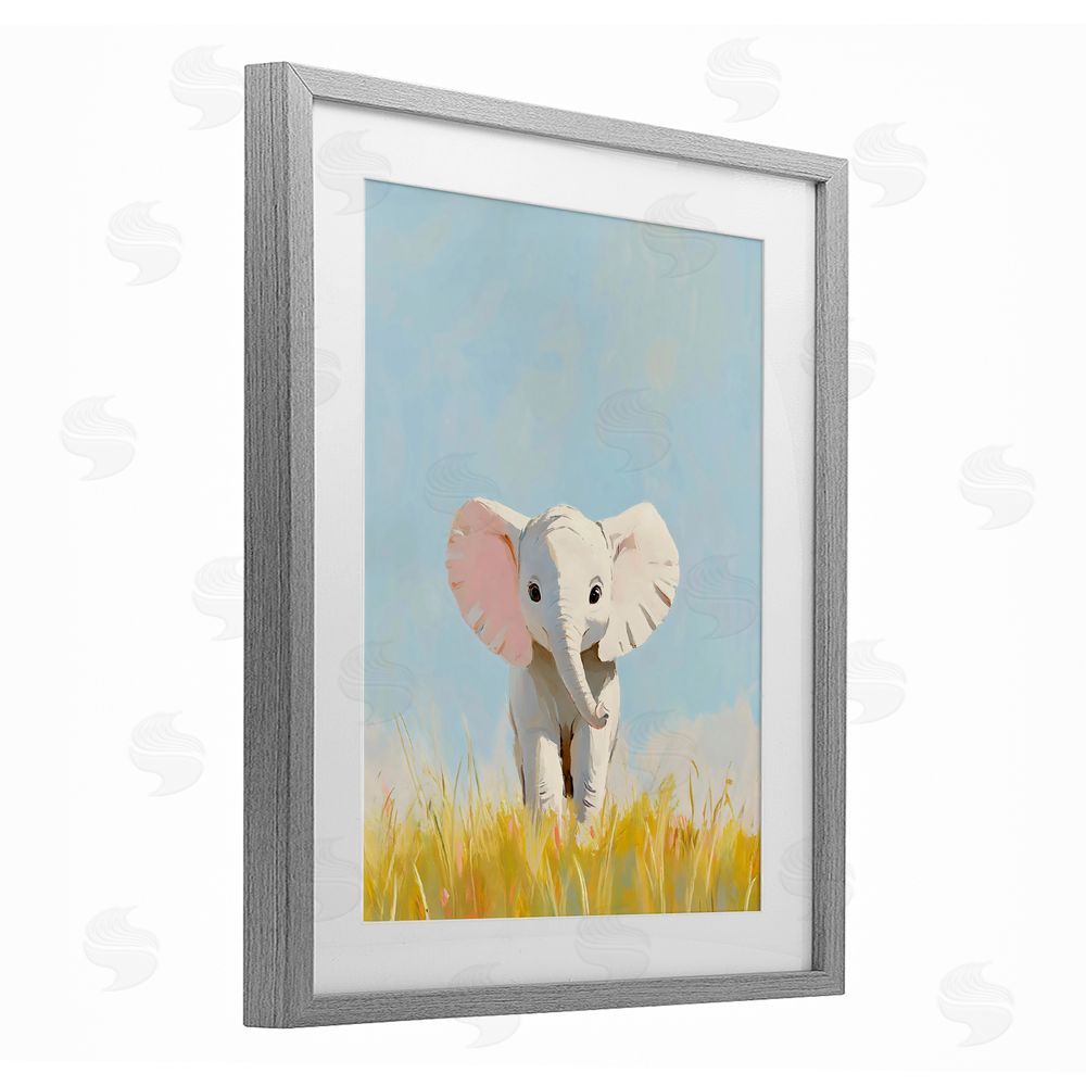 The Prints Vibe White Baby Elephant in Grass Gray Framed Print Under Glass with White Mat Wall Art