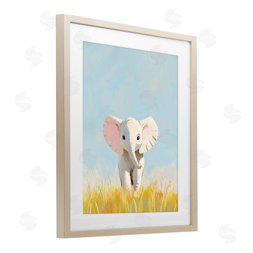 The Prints Vibe White Baby Elephant in Grass Brown Framed Print Under Glass with White Mat Wall Art